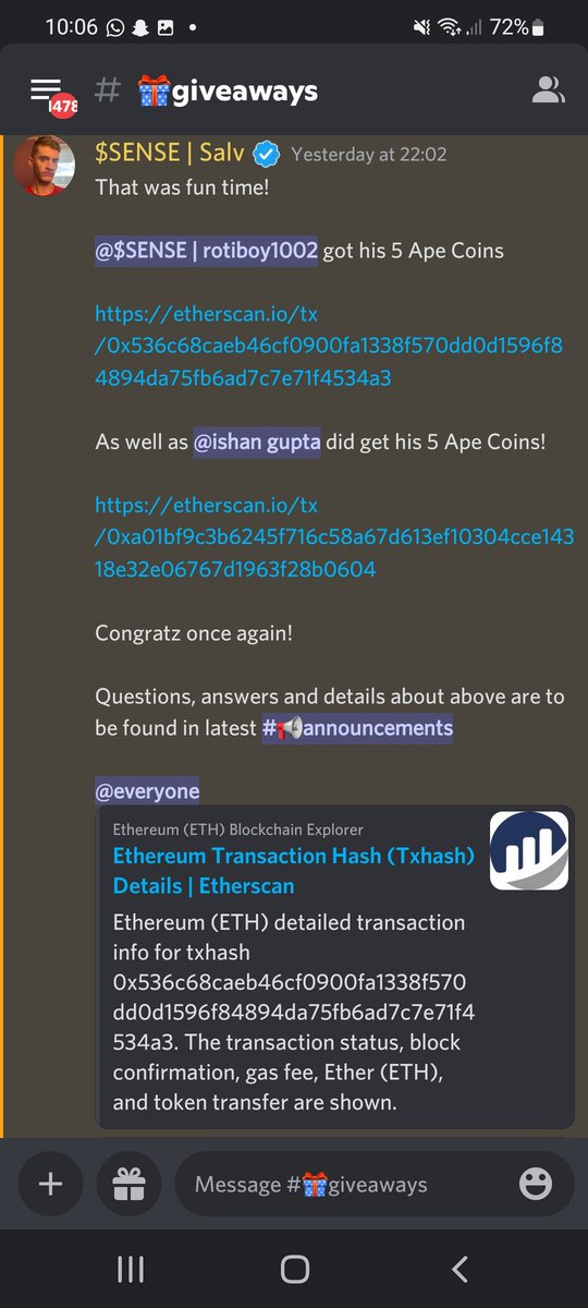 6THsenseDAO's tweet image. Another 10 #APECOIN was distributed in discord again. Below are the winners..
.
Join server for more games as we make it fun while doing your basic projects research for you.
#UseSense
#NFTGiveaways 
#nftart 
#NFT 
#BAYC 
#cryptocurrency 
#NFTCommmunity