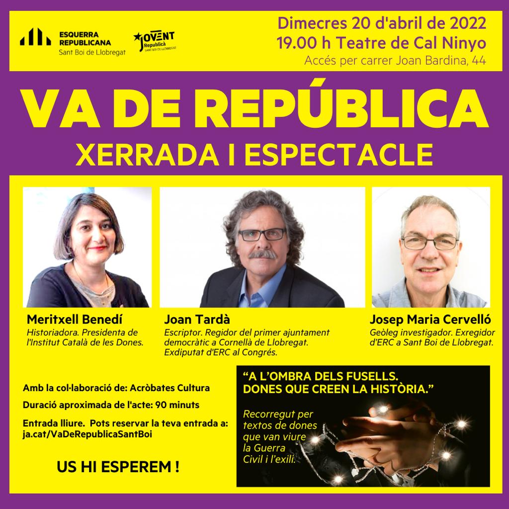 esquerrasantboi's tweet photo. Ens veiem el proper dimecres a #SantBoi per compartir una bona estona, tothom convidat!😃
Parlarem de republicans/es santboians/es, de dones i República, de República Catalana i d'altres vessants del republicanisme.

🎟️ Ja heu reservat la vostra entrada?😉
https://t.co/Bp5N66AE5d https://t.co/pvH9KMxpf5