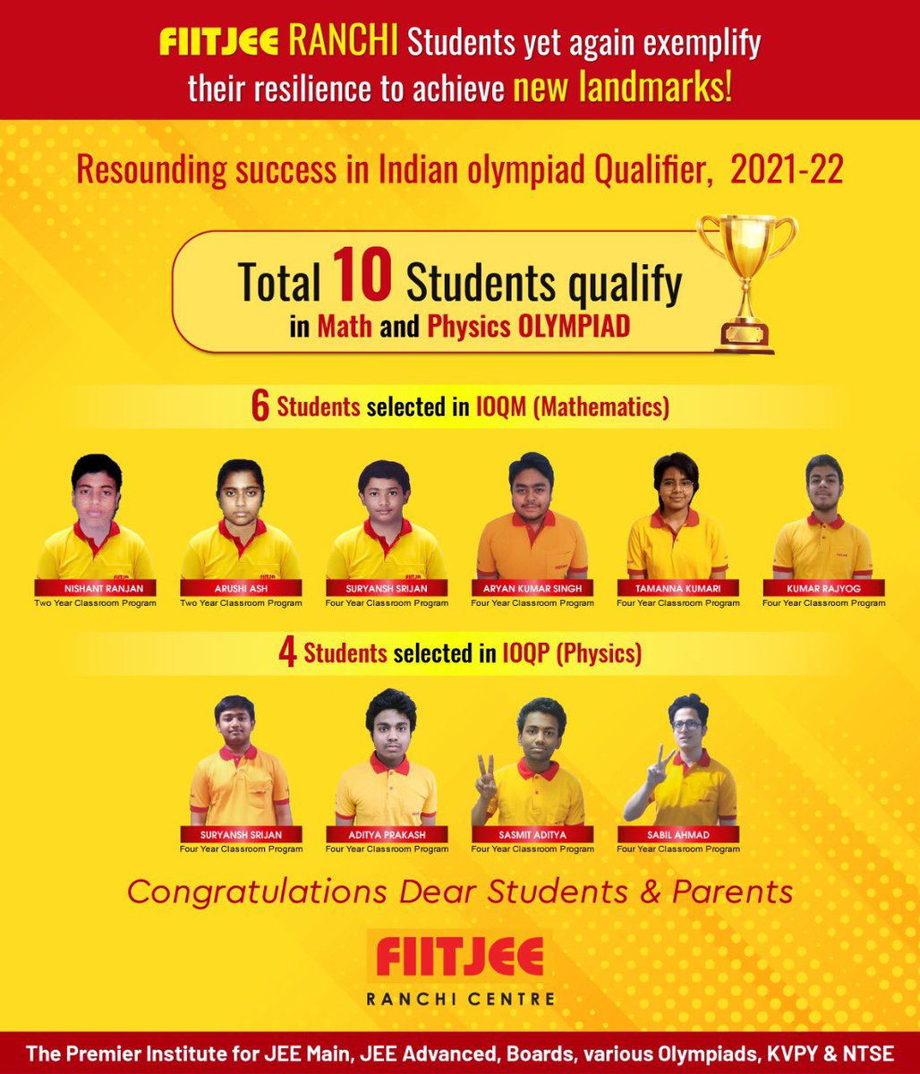 FIITJEERanchi's tweet photo. 🏅Indian Olympiad Qualifier | Maths | Physics🏅
Our 1️⃣0️⃣ Students have qualified in Math and Physics OLYMPIAD( #IOQM - Part I and #IOQP - Part I).
We are proud of their success and the glory they brought to FIITJEE Ranchi.
#IndianOlympiad #Maths #Physics #IOQP2021 #IOQM2021 https://t.co/8pYeqYQQU2