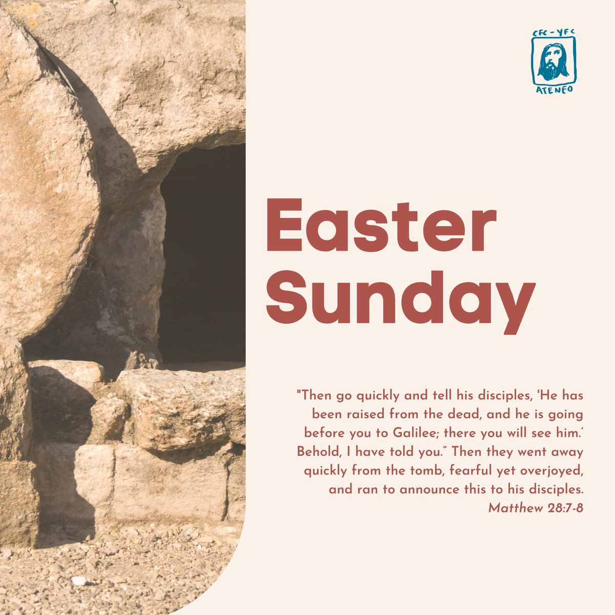 yfcateneo's tweet photo. YFC-A Holy Week Prayers: Easter Sunday  

He is risen! Today we celebrate Christ's triumph over death and the hope of eternal life. After reflecting on today's gospel, pray this last Holy Week prayer with the rest of the YFC-A community. 🙏🏼🤍

https://t.co/ygjVP9leKK https://t.co/BgZWudCs9d