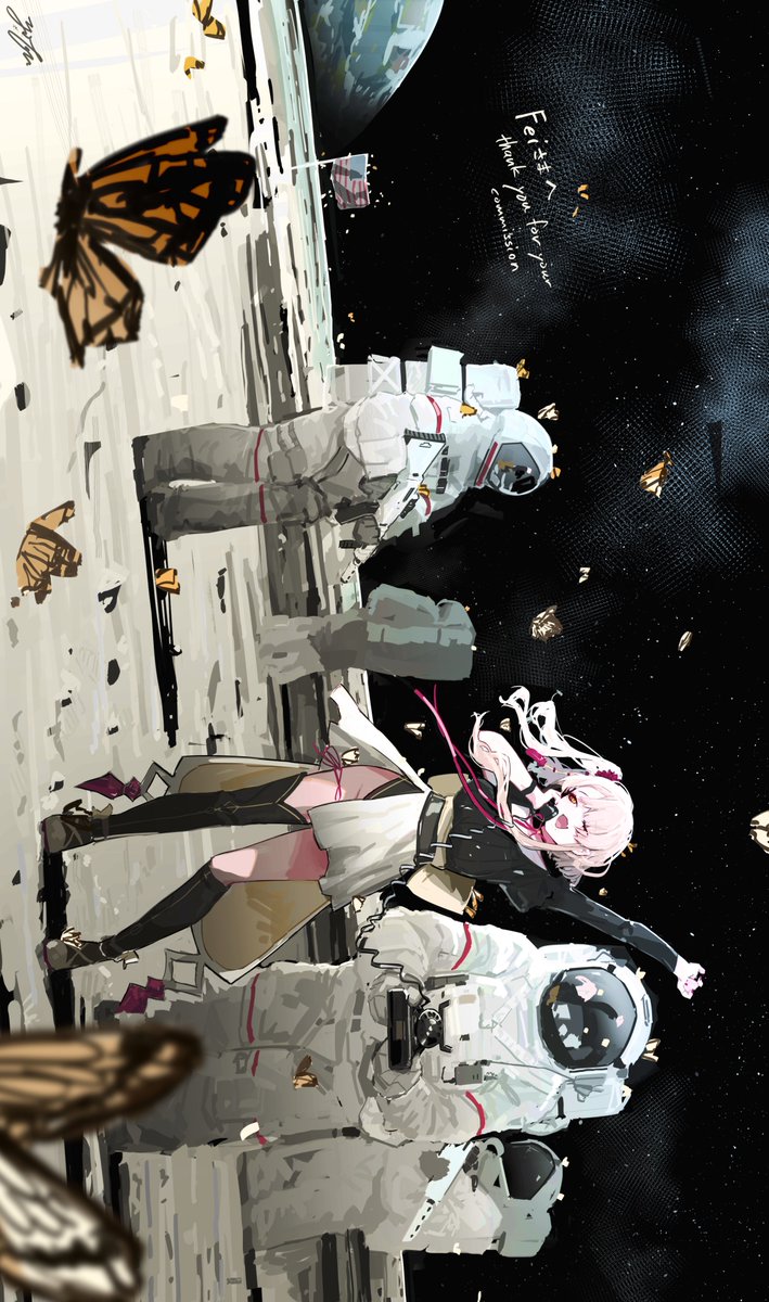 bug space 1girl butterfly pink hair skirt spacesuit  illustration images