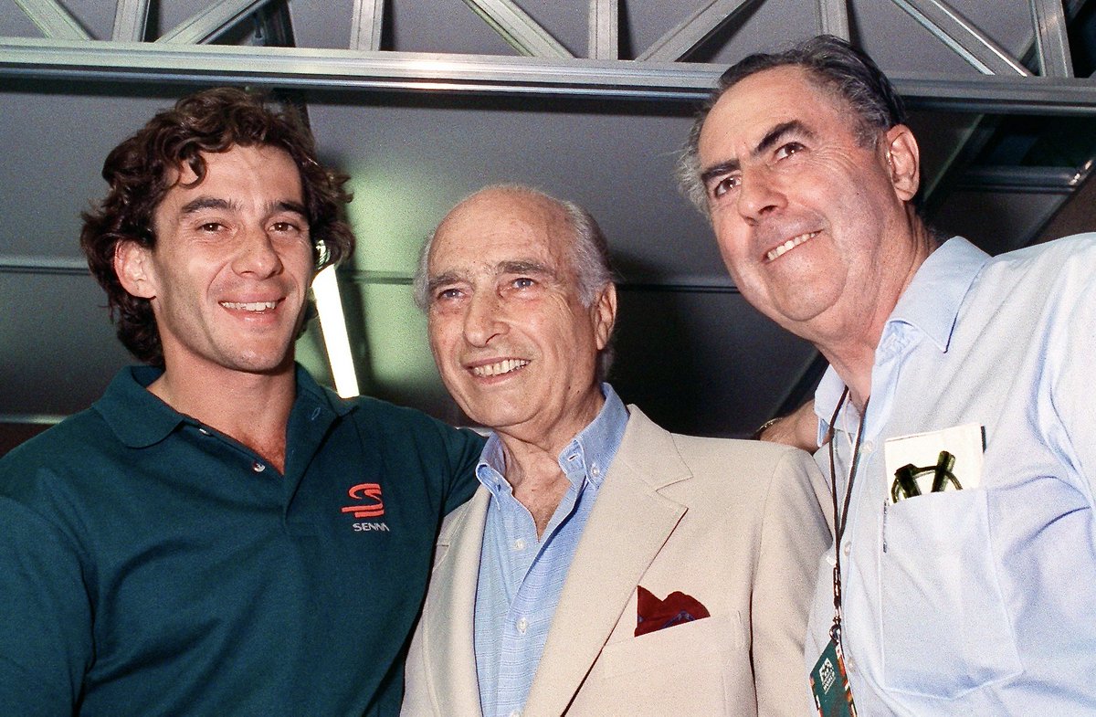 Ayrton Senna, Juan Manuel Fangio and Sir Jack Brabham at the 1990 Adelaide Grand Prix. Between them they have won 11 Formula 1 world drivers' championships. #F1 #Adelaide