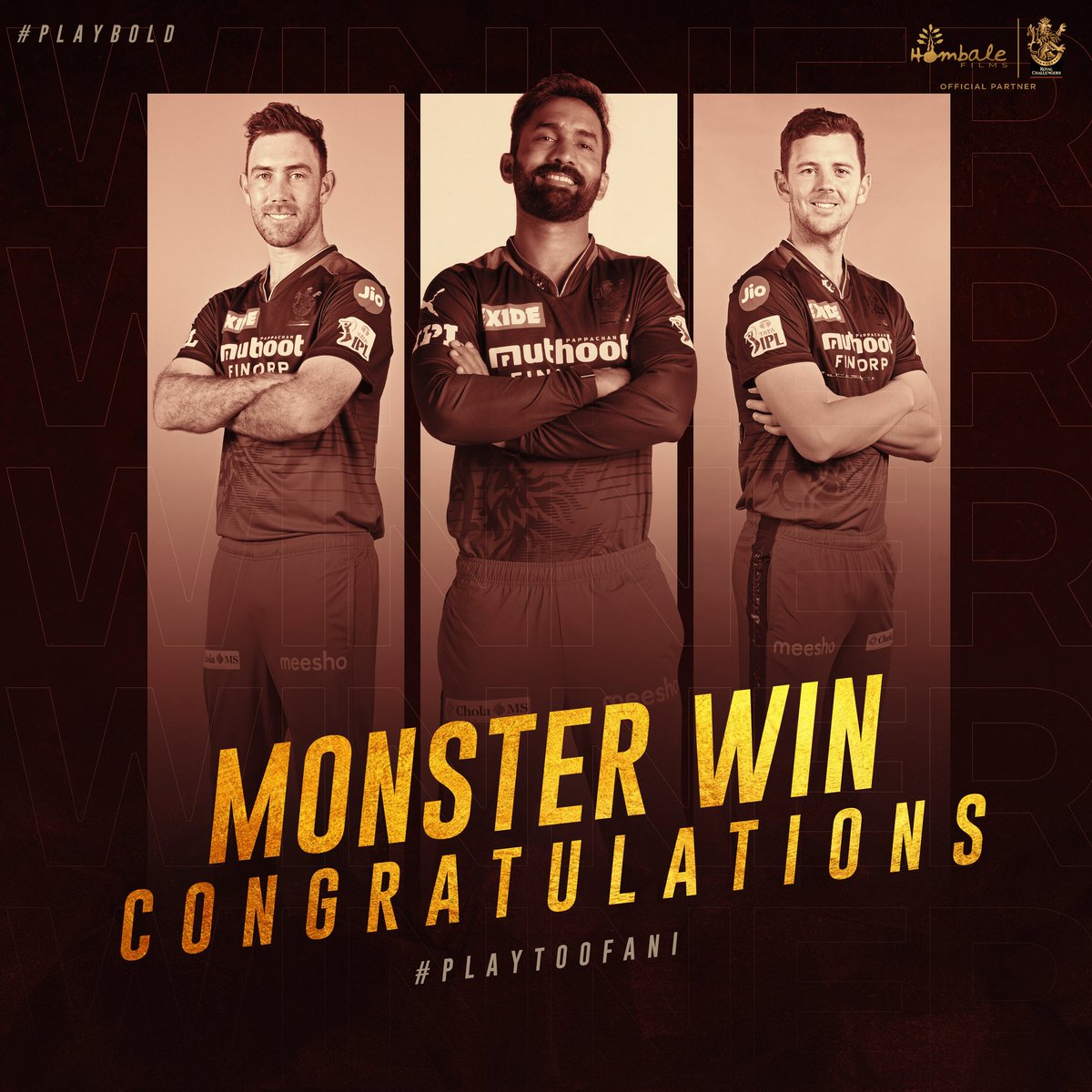 Congratulations @RCBtweets for the Monster win last night 💥

#ನಮ್ಮHombale #ನಮ್ಮRCB @VKiragandur @ChaluveG @hombalefilms #RCBxHombale #PlayBold #PlayToofani #KGFChapter2