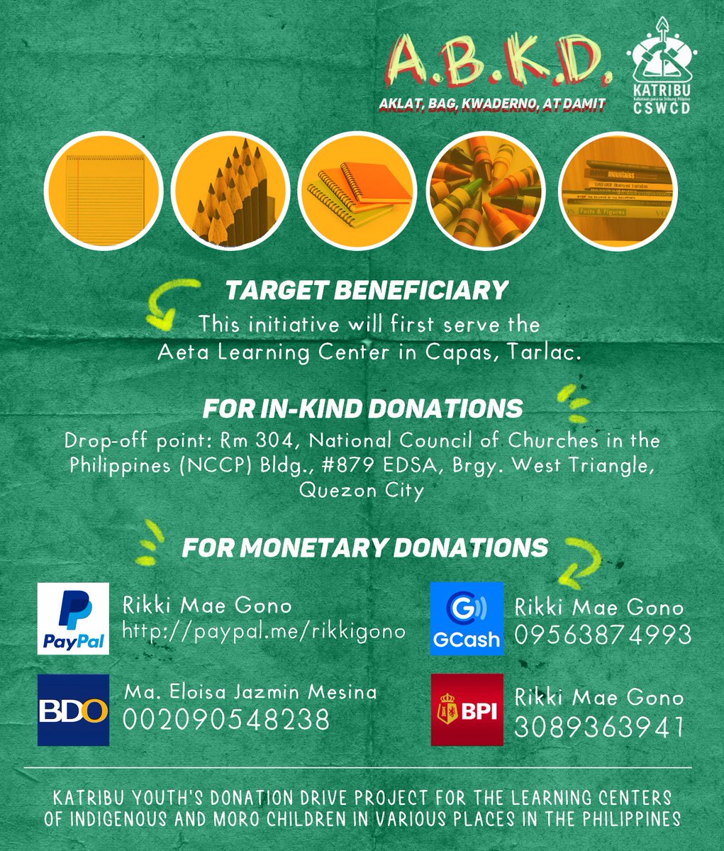 KATRIBU_CSWCD's tweet photo. pag-aaral. Kaya naman, ang Katribu Youth ay naglulunsad ng proyektong ABKD (Aklat, Bag, Kwaderno, at Damit), na ang layon ay upang magkaroon ang mga Aeta ng sapat na rekurso sa kanilang edukasyon. 

Upang makatulong sa inisyatiba, maaaring tingan ang mga impormasyon sa litrato. https://t.co/wERi5qKpP4