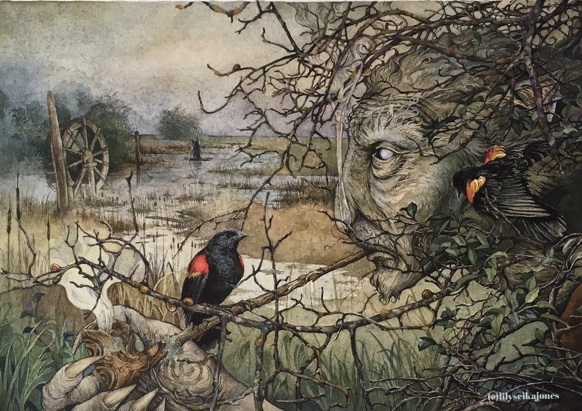 'A marsh is a whole world within a world, a different world, with a life of its own, with its own permanent denizens, its passing visitors, its voices, its sounds, its own strange mystery.'
Guy de Maupassant
🖼️ Lily Seika Jones  #SwampSunday