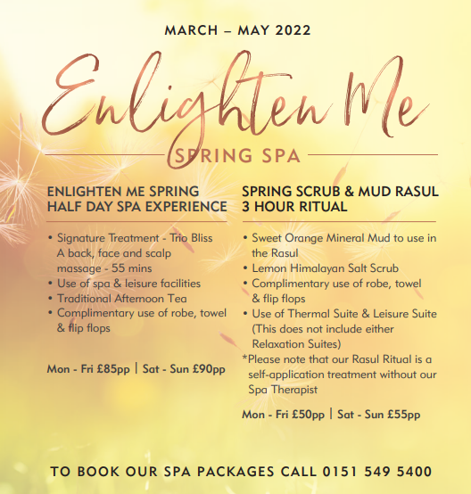 ✨ Enlighten Me Half Spa Day ✨

▪️ Mon - Fri £85pp | Sat - Sun £90pp ▪️
Please see our brochure for more information ✨
☎️ 0151-549-5400 to book