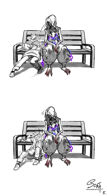 5/5
I practiced drawing them in a sitting position, because I don't know how to draw sitting characters at all.

And it's just an unexpected joke, how Kiru is sometimes really unpredictable in his behavior. Although maybe he's just a born troll... In his own style.😅>> 