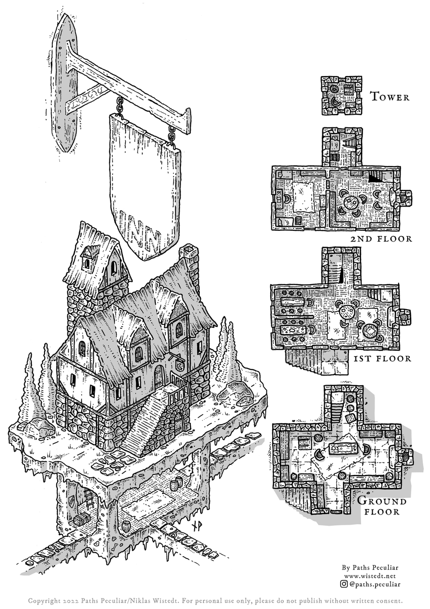 PathsPeculiar's tweet photo. I made this unkeyed inn map as a resource for dungeon masters to use when creating a drinking house for their own campaign. Here's a link to the free download: https://t.co/zuj12Yyaa9 https://t.co/6IDdd6oLPx