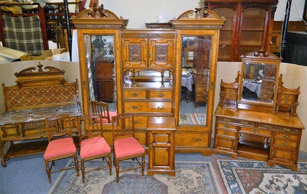 Finest quality pollard oak bedroom suite comprising of a large wardrobe, dressing table, marble top washstand, bedside cabinet and three chairs…#atheyantiques #pollardoak #bedroomsuite #antiquewardrobe #dressingtable #washstand #qualitycraftmanship #antiquesforsale #antiques