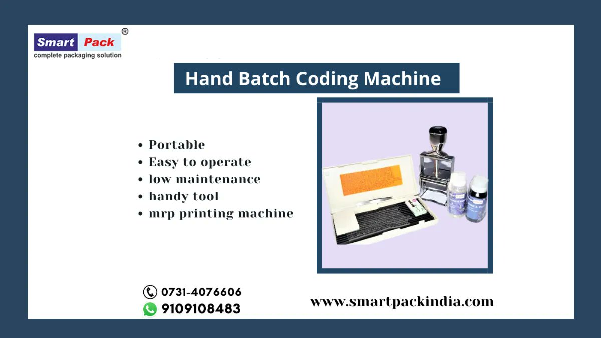 SmartPackIndia's tweet image. Hand Batch Coding Machine can be used for Marking and Printing M.R.P., Batch No., Mfg Date, Exp. The date on Plastic Pouch, Labels, and Paper Pouch.
Find out more: buff.ly/3mu8l0g
📞 - 9827035264
#batchcoding #batchcoder #manualbatchcoder #batchcodingmachine #handycoder