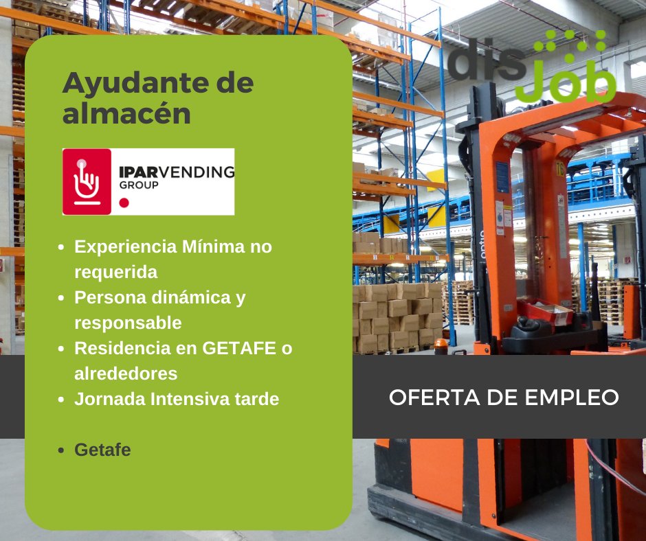 disJob's tweet photo. #Empleo #Discapacidad #disJob #Certificado33% ♿
¡IPARVENDING GROUP está buscando a un/una vacante para una posición de ayudante de almacén en 📍#Getafe!
👉 ¡Dáte una oportunidad!
📌 ¡Apúntate! https://t.co/C8q1RqkMeD https://t.co/pcZqhkDTgY