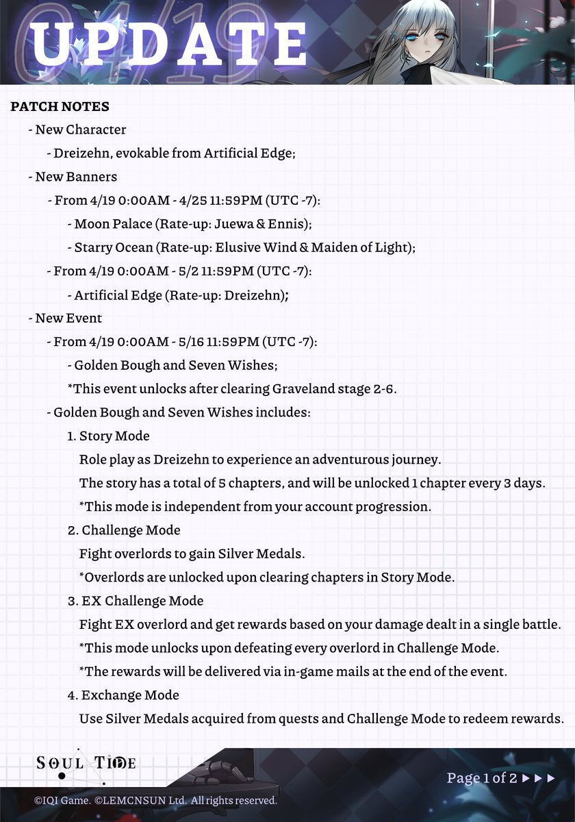 SoulTide's tweet photo. 4/19 Maintenance Notice

Dear evokers, we will be performing server maintenance at 0:00AM (UTC -7) on April 19th. We expect it to be completed in 2 hours. During this period, our server will be unavailable.

We apologize for any inconvenience it may cause you.
#SoulTide #Dreizehn https://t.co/KfDRIlKD05