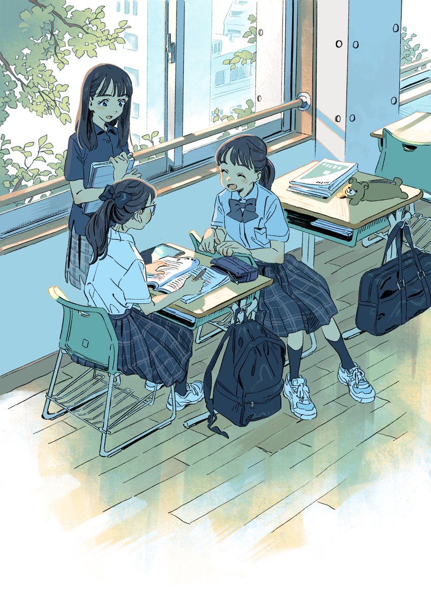 multiple girls 3girls bag skirt chair school uniform sitting  illustration images