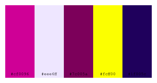 ColPaletteBot's tweet photo. Beep beep, here's a pretty color palette for you!
color-scheme.js parameters used:
- hue: 121
- variation: hard
- colors: #cf0096, #eee6ff, #7c005a, #fcff00, #1f005c
Have a lovely day!
#twitterbot #colorpalette #colors #palette #prettycolors https://t.co/6k5l2AKtZ0