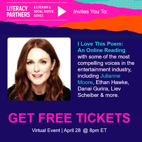 LitPartners's tweet photo. Join Julianne Moore for I Love This Poem: An Online Reading on Thursday, April 28 at 8:00pm ET. Get Tickets HERE: https://t.co/NZOU8ZqX1n
#LiteracyPartners #racialjustice #socialjustice #ilovethispoem #wordsshapeourworld #backbypopulardemand #poetrymonth #juliannemoore https://t.co/Y5CHgsEm8Z