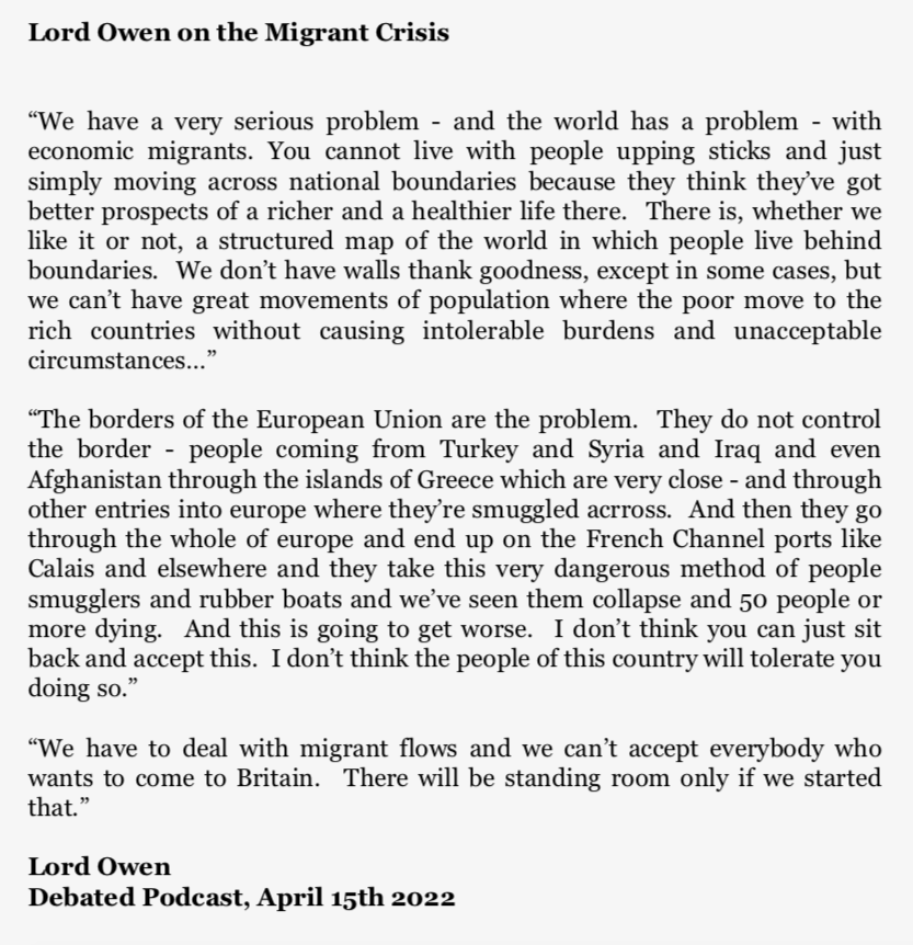 WilliamClouston's tweet photo. A typically real-world, sensible view on the migrant crisis from Lord Owen on the @DebatedPodcast. https://t.co/zV1p2SgFRq