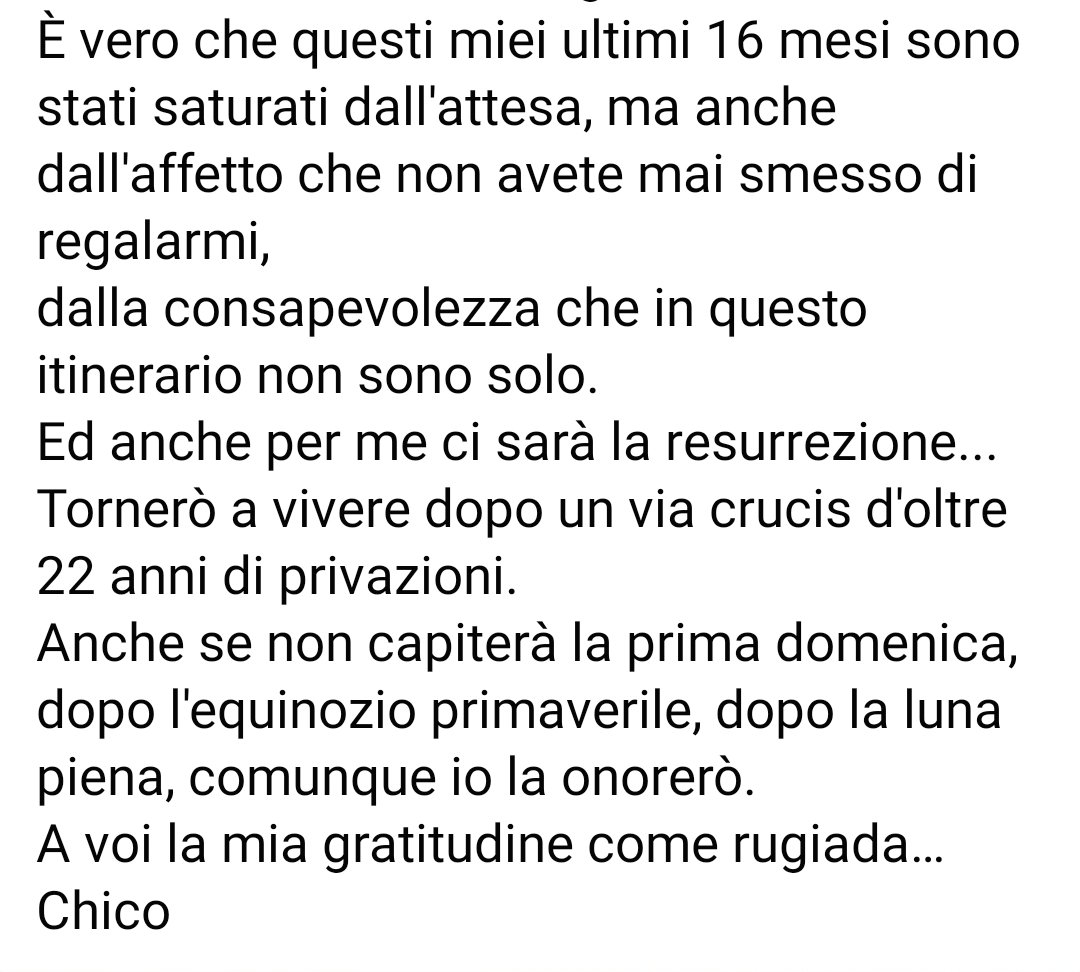 News - Chico Forti OFFICIAL (@freechicoforti) on Twitter photo Voglio fare gli auguri di Pasqua a tutti i miei supporters.
Ammetto che non mi sarebbe dispiaciuto essere la sorpresa dentro l'uovo…
Per il momento sono in galleria verso casa…
👇 #ChicoForti #FreeChicoForti #chicofortifree Voglio fare gli auguri di Pasqua a tutti i miei supporters.
Ammetto che non mi sarebbe dispiaciuto essere la sorpresa dentro l'uovo…
Per il momento sono in galleria verso casa…
👇 #ChicoForti #FreeChicoForti #chicofortifree