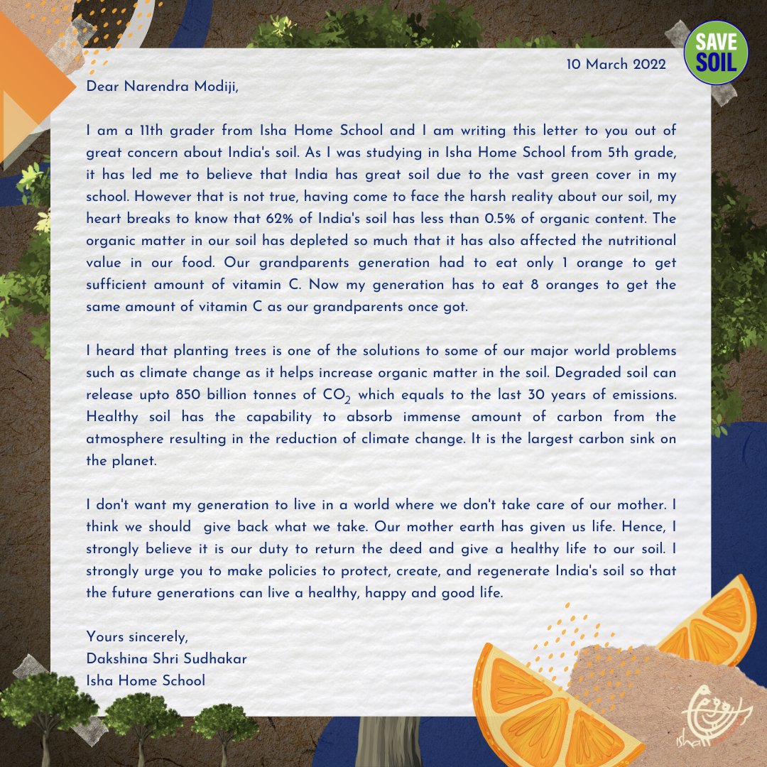 IshaHomeSchool's tweet photo. Dear Hon'ble Prime Minister, As you have said - Swasth Dharaa. Khet Haraa - Healthy Earth. Green Farm.
We request you to bring more attention to the health of our soils across the country to boost productivity and for a healthy future.
@PMOIndia #letters @cpsavesoil  @SadhguruJV https://t.co/WydabT4qyC
