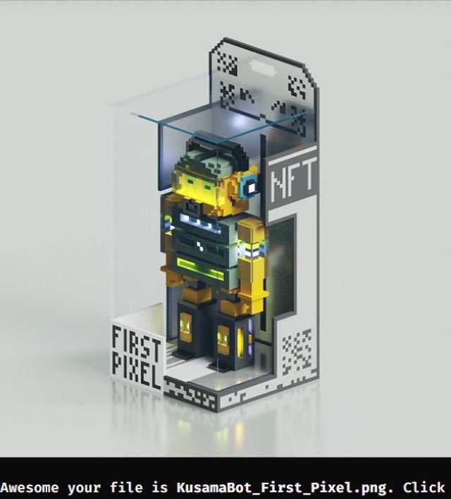 homahoy's tweet photo. All Guests of Opening event will have a chance to win great NFTs and WL from our partnenrs 
And look at this cute #NFT made by @deepologic from @KodaDot 
special The First Pixel exhibition 
👁💜👽💜👁
#KUSAMABOT https://t.co/jF9g4KPMuu