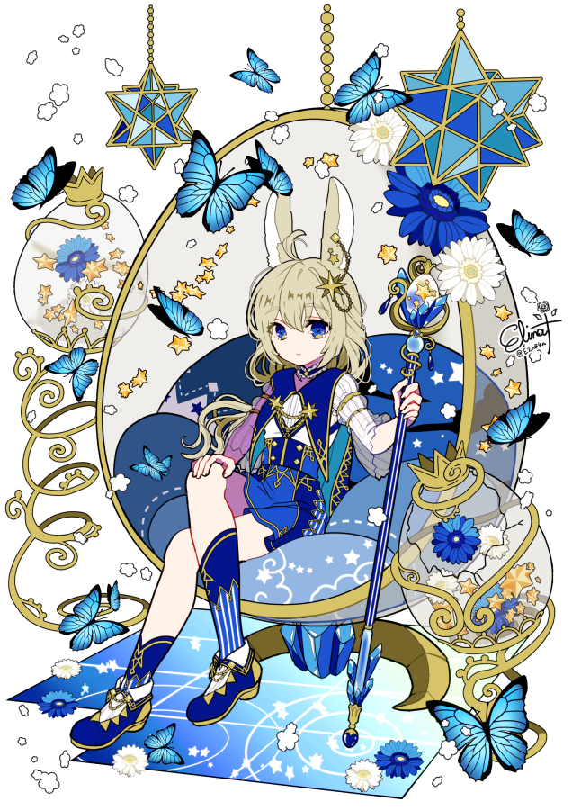 1girl animal ears bug butterfly rabbit ears solo blue butterfly  illustration images