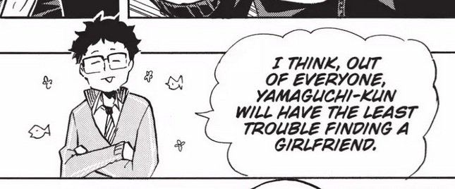 With Narita post-canon marriage reveal, I am now respectfully manifesting timeskip Yamaguchi relationship status announcement 🧎♀️(Screenshot from volume 21's Crow's Angels bonus chapter)