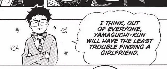 With Narita post-canon marriage reveal, I am now respectfully manifesting timeskip Yamaguchi relationship status announcement 🧎‍♀️(Screenshot from volume 21's Crow's Angels bonus chapter) 