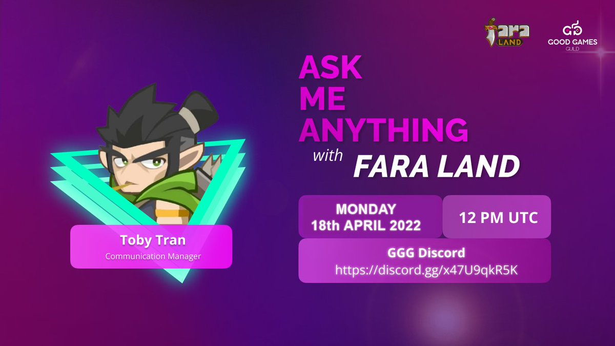 Good Games Guild is thrilled to conduct an #AMA with <a href="/faraland_io/">Fara Land</a>🔥

🎁$200 (8 Best Questions)
⏰Monday, Apr 18th—12PM
📍GGG Discord

📌AMA RULES
✅Follow <a href="/goodgamesguild/">Good Games Guild</a> &amp; <a href="/faraland_io/">Fara Land</a> 
✅Join discord.com/invite/x47U9qk…
✅Submit Questions👇
forms.gle/uHTWLsdfiWbvk9…

Don't miss out!