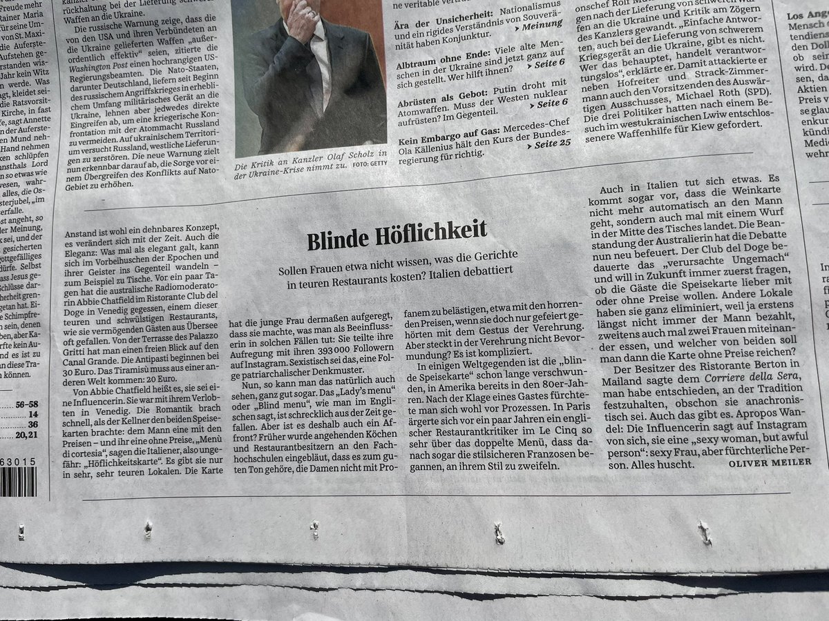 Rough times for an old school #gentleman! Ich hatte nie das Gefühl, dass eine selbstbewusste Begleitung auf Augenhöhe sich von einer Einladung belästigst oder gering geschätzt gefühlt hat…
<a href="/abbiechatfield/">Abbie Chatfield</a>, I think you are wrong… Quelle: <a href="/SZ/">Süddeutsche Zeitung</a>