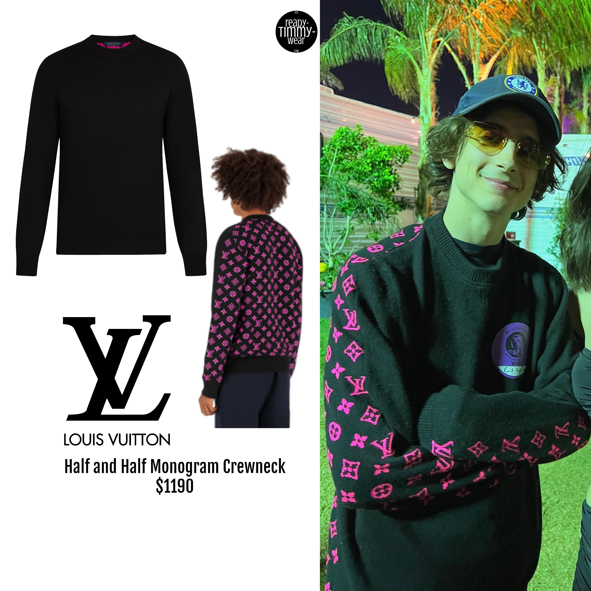 RTW on X: Timothée Chalamet - Coachella, April 16 2022 📸   LOUIS VUITTON - Half and Half Monogram Crewneck  $1190 #TimotheeChalamet @RealChalamet  / X