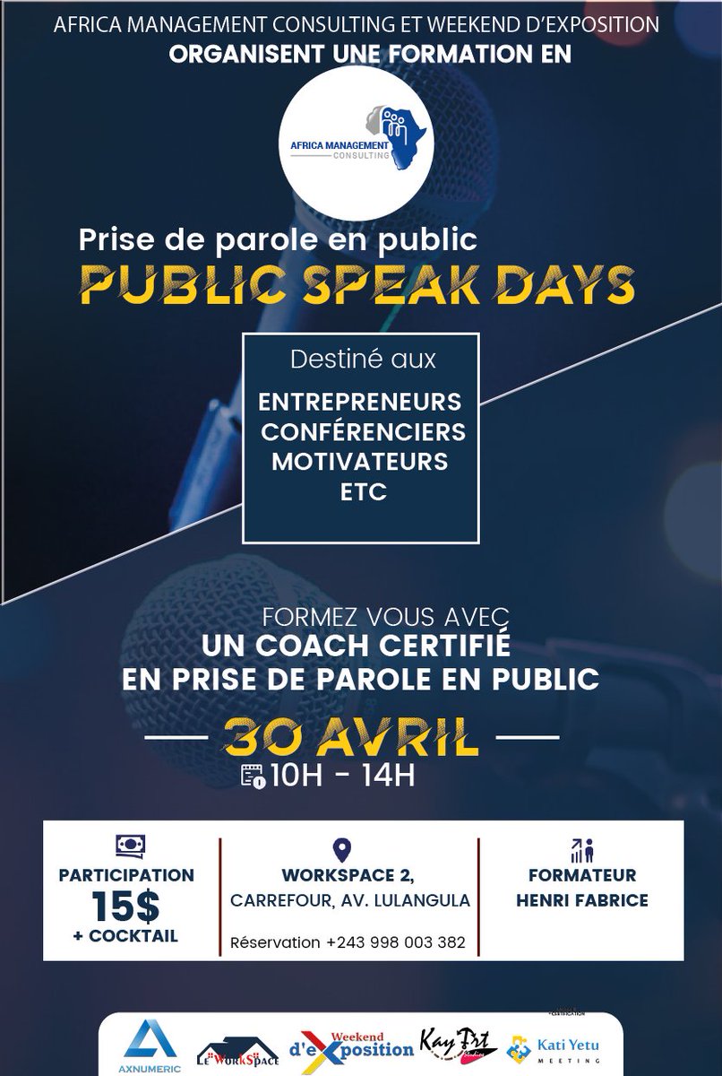 Tu as peur, tu ne sais pas  parler en public avec aisance? Avec le #PublicSpeakDay apprennez comment discourir,  pitcher correctement et aisément votre business, projet ou entreprise. Réservez votre place au numéro sur l'affiche à 15$ seulement. Cordiale bienvenue à tous. 🇨🇩✌️🇨🇩