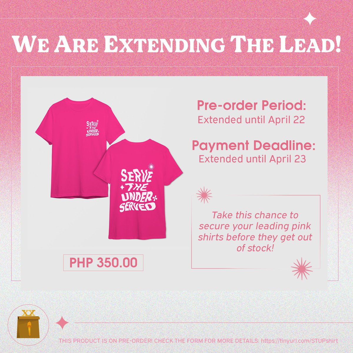 upcm2025's tweet photo. We are extending the lead! โ
Pre-orders for our #ServeTheUnderserved shirt in #LeadingPink has been extendend to April 22, Friday! As such, the deadline for payments has also been moved to April 23, Saturday.
Pre-order here: https://t.co/jVpa65Dtg5 https://t.co/bNILj8wKrF
