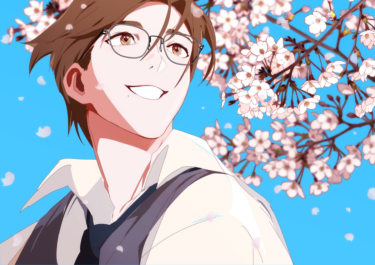 1boy male focus brown hair brown eyes solo glasses shirt  illustration images