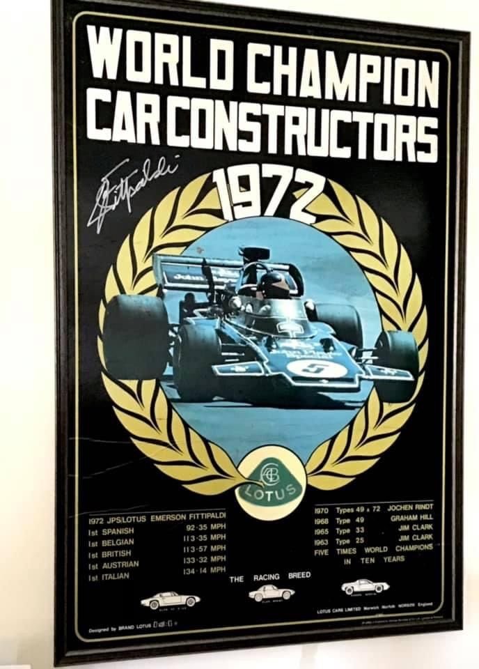 AutoTradition's tweet photo. 1972 poster with Emerson Fittipaldi's signature. #Lotus #Type72 #Champions #Emmo #EmersonFittipaldi #Legends #ACBC https://t.co/Axd0WWnw7r