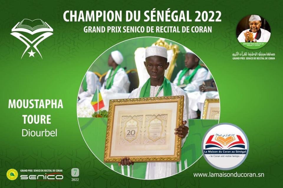 Moustapha Touré, Champion Du Sénégal 2022 | Grand Prix SENICO Félicitations Champion 🇸🇳👑🇸🇳 مصطفى توري البطل القرآني لمسابقة سنيكو الوطنية للقرآن الكريم لعام 2022 قيمة الجائزة: عشرون مليون فرنك سيفا (32.960$) وتذكرة مكة. #القرآن #senico pic.x.com/rvmmxu91wi