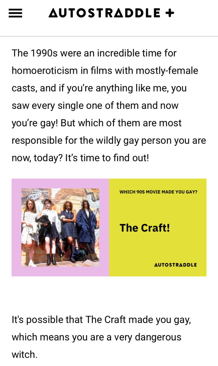 Quiz: Which 90s Movie Made You Gay? autostraddle.com/quiz-which-90s… via <a href="/autostraddle/">Autostraddle</a> 

My result, The Craft, really checks out.