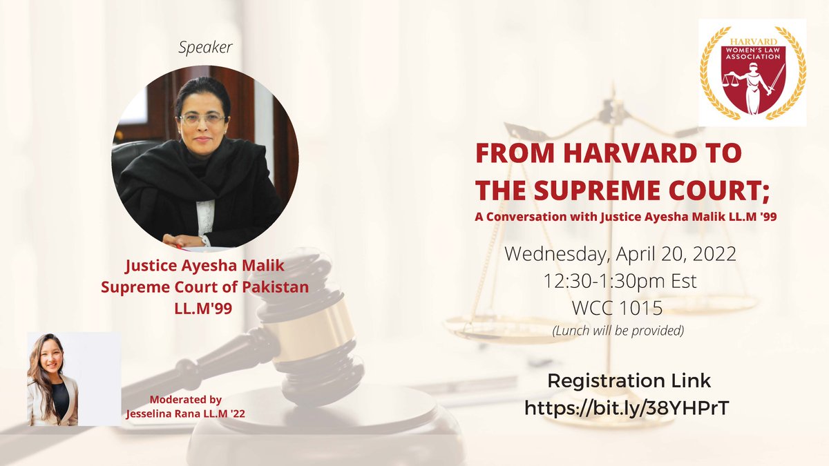 Join WLA, as we host Justice Ayesha Malik in a conversation about her journey to the Supreme Court. This January, Ayesha Malik LL.M. ’99 became the first woman to serve as a justice of Pakistan’s Supreme Court in the country’s 75-year history. RSVP: bit.ly/38YHPrT
