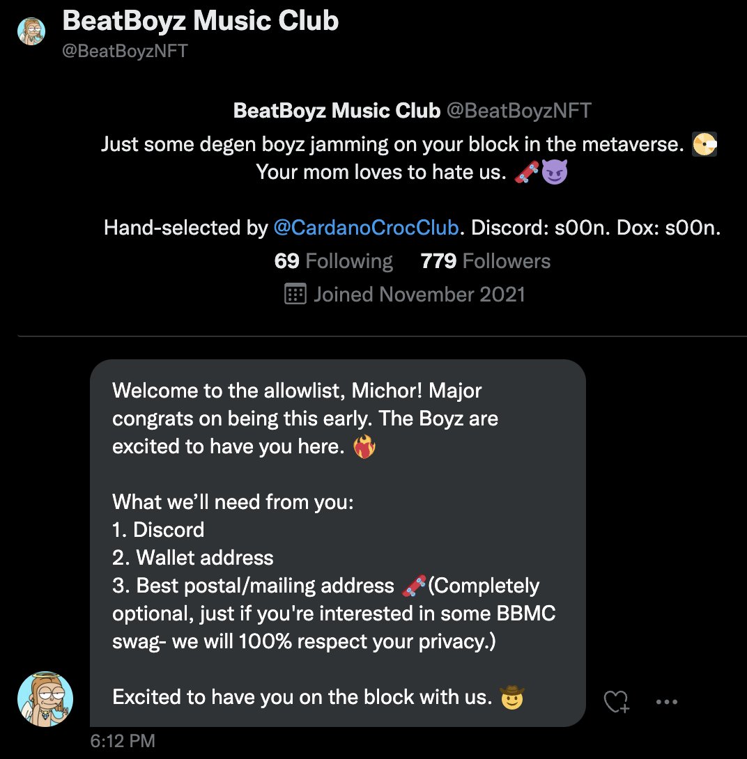 Michor_CCC's tweet photo. Just got this DM from @BeatBoyzNFT for interacting with their Twitter account! I have a feeling with this project, its just looking really good!
#WAGMI #nft #CNFT #NOSPON xD https://t.co/lhgknmAhnQ