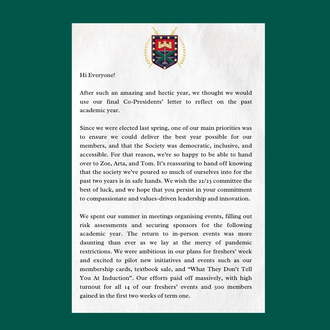 exeterlawsoc's tweet image. 🌟Last Presidents Letter🌟

As the end of the academic year is nearly upon us, our co-presidents, Rawan &amp;amp; Nate would like to share their thoughts about the year!! 

2021/22 Committee, over and out ✌🏽