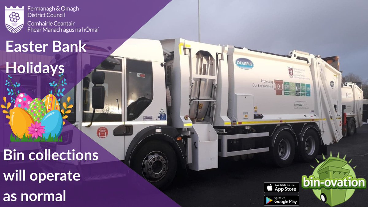 Fermanagh & Omagh District Council (@fermanaghomagh) on Twitter photo 🐣♻️Household bin collections will operate as normal on 18 & 19 April 2022. Please present your bin by 7am on your collection day
For Recycling Centre opening times👉 bit.ly/FODCRecyclingC…
📱Download the <a href="/BinovationApp/">Binovation</a> for the latest waste & recycling news in #FODC 🐣♻️Household bin collections will operate as normal on 18 & 19 April 2022. Please present your bin by 7am on your collection day
For Recycling Centre opening times👉 bit.ly/FODCRecyclingC…
📱Download the <a href="/BinovationApp/">Binovation</a> for the latest waste & recycling news in #FODC