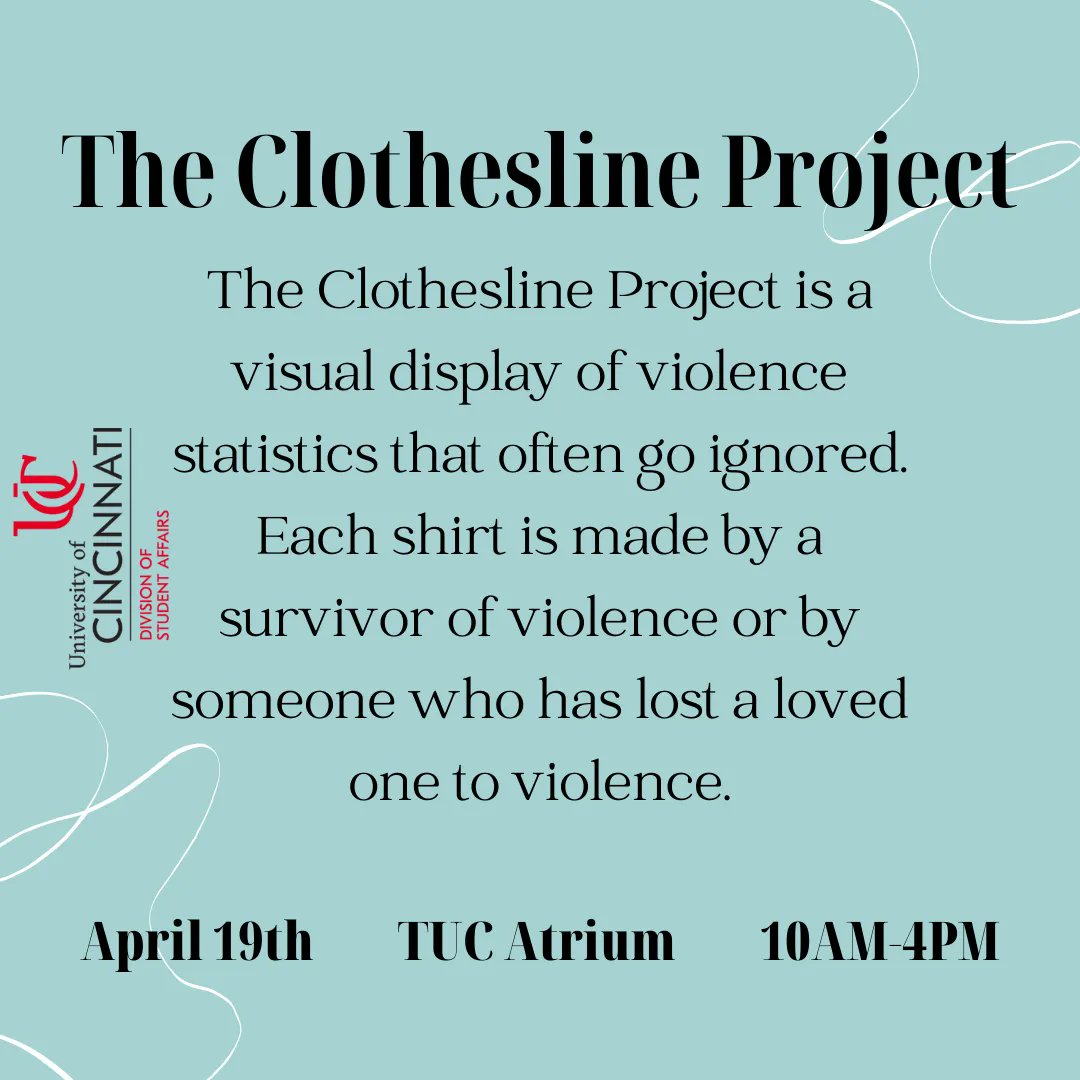 UC_Wellness's tweet photo. We will displaying all the t-shirts in the TUC Atrium on Tuesday, April 19th from 10AM-4PM. Stop by to witness the strength of survivors. #BearcatsAgainstViolence https://t.co/WUzGecGpvt