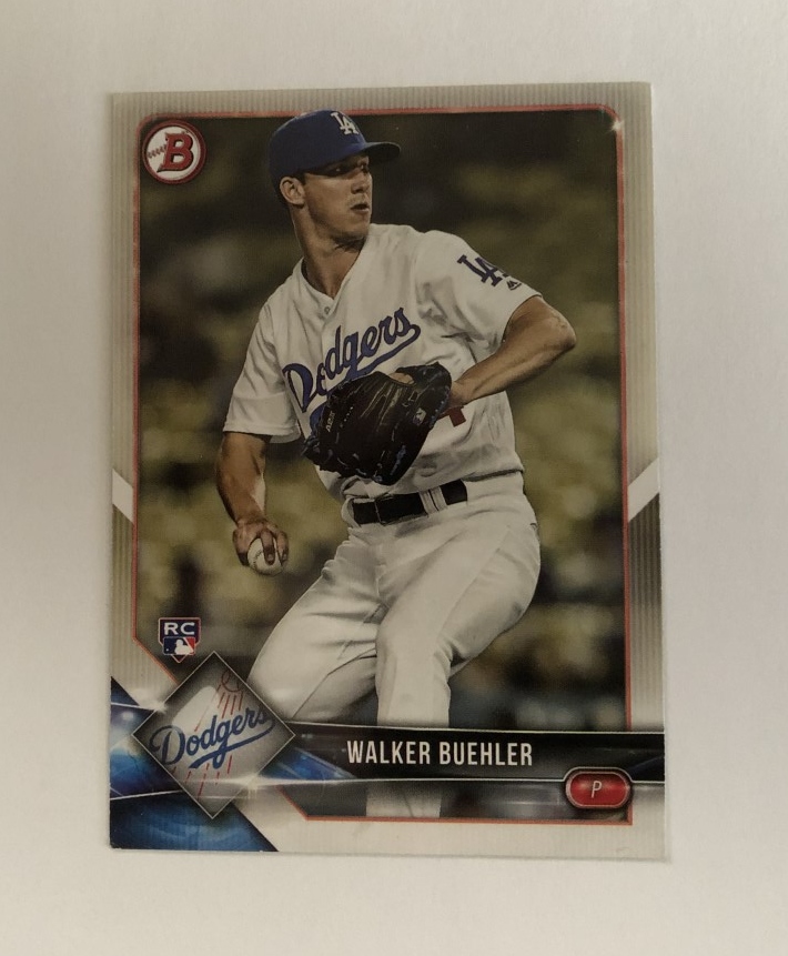 thinkbluepc's tweet image. Follow us and retweet this post for a chance at winning this 2018 Walker Buehler Bowman base rookie card. We will randomly select a winner sometime before the fourth inning of Sunday's finale against the Reds. Good luck! #Dodgers