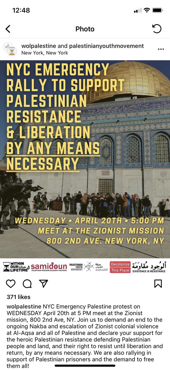 WOL is calling for a protest by “any means necessary” in NY on Wednesday. One of the groups on the poster (decolonizethisplace) previously called for people to find and attack Zionists in NY and the founder of WOL praised the man who shot up a bar in Tel Aviv.