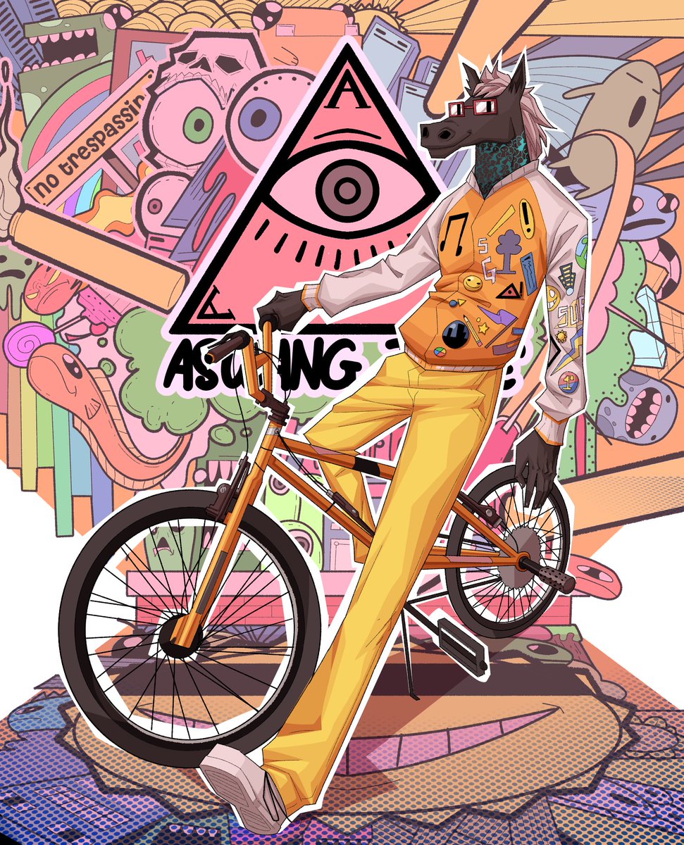 Fanart for <a href="/AswangTribe/">Aswang Tribe</a> 
Drew a Tikbalang with his yellow varsity on yellow bicycle with colorful background! His lore is scary but when Tikbalang chill he is pretty cool. Hope you see this one 👁️

cc:  {<a href="/AswangNFT/">Aswang</a>; <a href="/LizDuwendeClan/">Liz</a>; <a href="/DeliciousMangoz/">DeliciousMangoez 🥭</a>; <a href="/AswangsGT/">Old Account</a>}