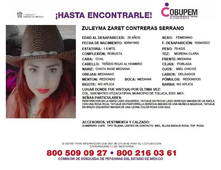 COBUPEM's tweet photo. Solicitamos de tu apoyo en la difusión del siguiente boletín para dar pronta localización a Zuleyma Zaret Contreras Serrano, comunícate a los teléfonos de COBUPEM 800 216 0361, 800 509 0927. #TodosEnLaBúsqueda https://t.co/GNiBTcCCrl