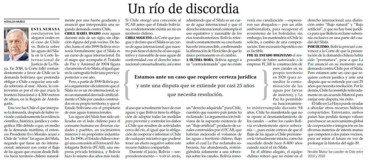 HeraldoMunoz's tweet photo. Les comparto esta columna sobre la disputa Chile vs Bolivia en La Haya sobre el Río Silala. Gracias por leerla. https://t.co/1RlezMANfC