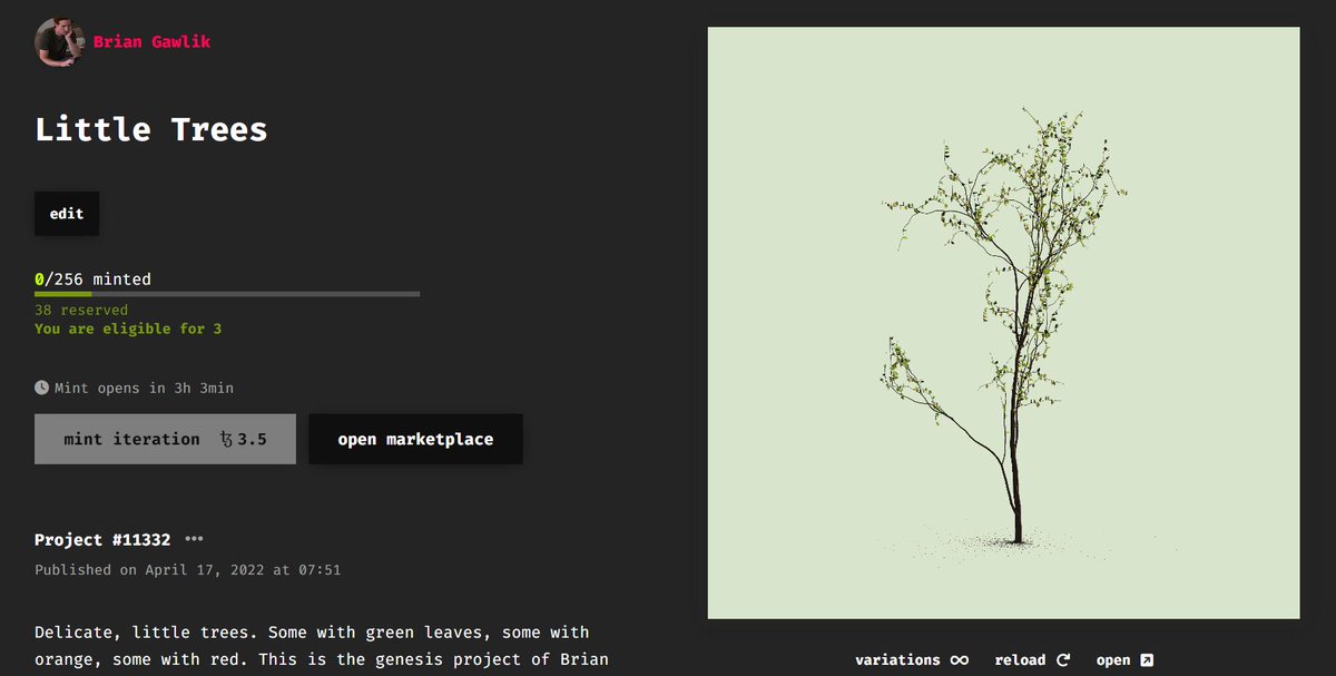 After lots of sweating this morning, Little Trees is up. Mint opens at 16:00 UTC. If we talked reserves, I have you down. Otherwise, see you at launch. May the seed gods be on our side today!
fxhash.xyz/generative/113…