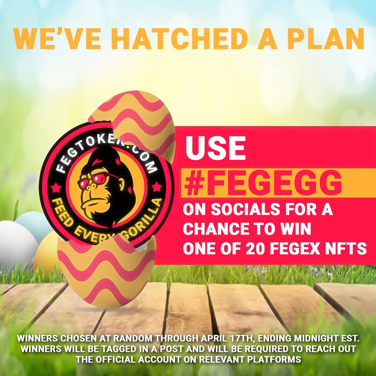 Hope you have a FEGcellent day! 

Use #FEGegg in a post today to have a cracking chance at winning 1 of 20 FEGex anniversary #NFTs. We're not yolking around 🐣 

#FEG #FEGtoken #FEGex #NFTGiveaway #NFT #DeFi #blockchain #Crypto #BNB #ETH #BTC #AMC #BSC #SHIB #DOGE