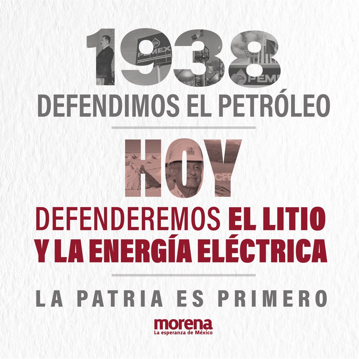 PartidoMorenaMx's tweet photo. Defendimos el petróleo en 1938.

Hoy nos toca hacer nuestra parte.  Defendamos el #litio y la #EnergíaEléctrica 

¡La patria es primero!

#SíALaReformaEléctrica
#LaReformaEléctricaVa https://t.co/fLpuTOXQun