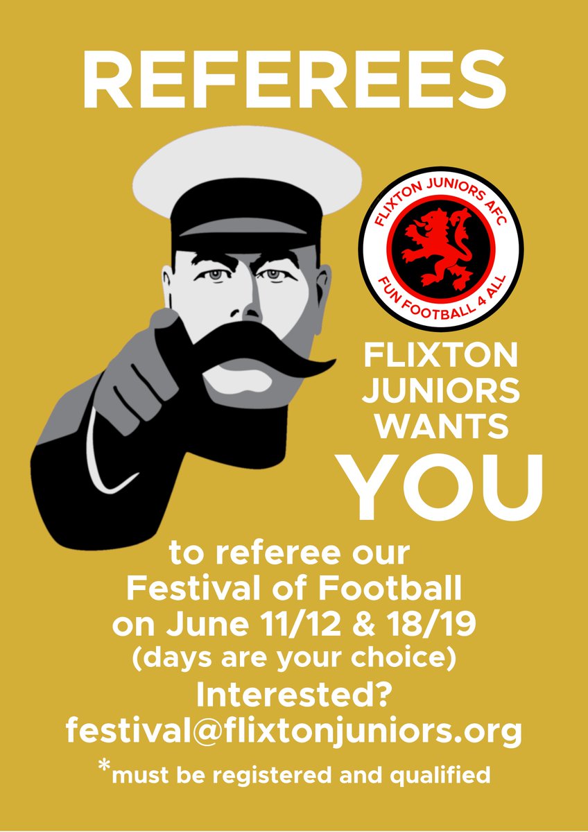 Referees wanted for our Jubilee Festival of Football. Please contact festival@flixtonjuniors.org if interested.