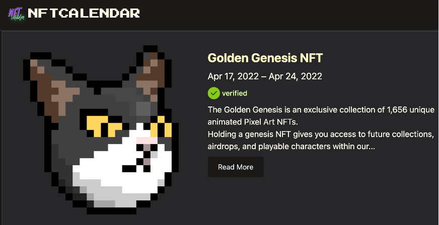 goldengenft's tweet photo. Verified on 
@nftcalendar
 ✅

Check out our 1,656 unique animated pixel art NFTs. Public mint in less than 24 hours!

#pixelrun #pixelart #pixelartnft #pixelnft #nft https://t.co/lUjnFmaZlw